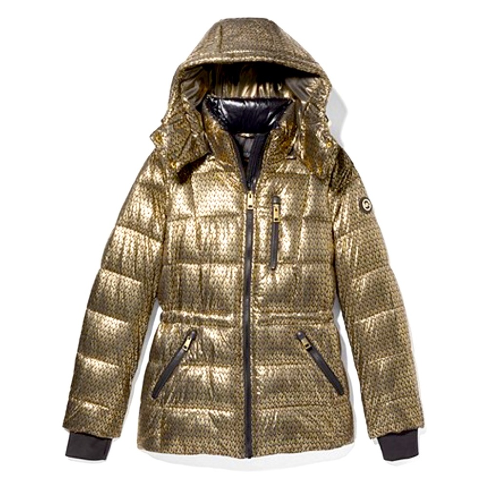 metallic finish repeat “MK” lettering, zip pockets snap-fastened hood